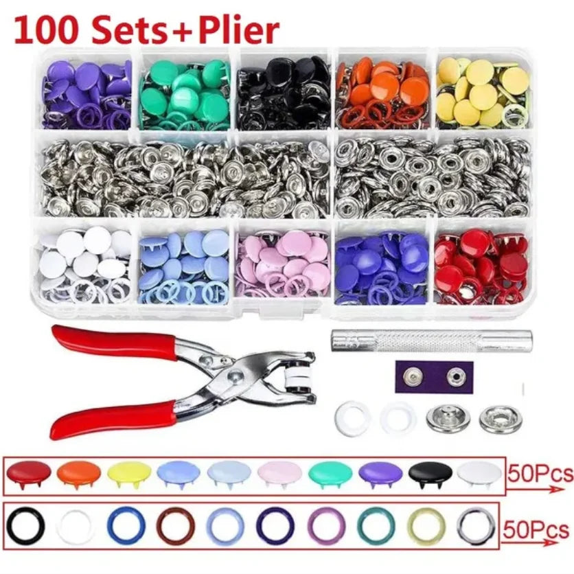 Snap Button Pliers Kit - 100/200pcs, 10 Colors for DIY Sewing