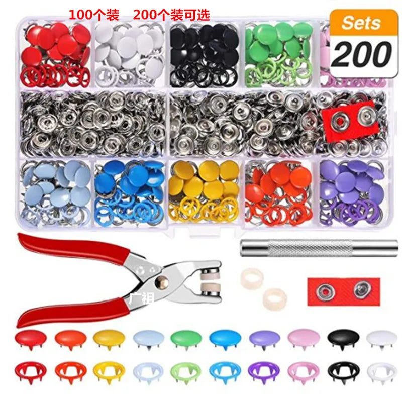 Snap Button Pliers Kit - 100/200pcs, 10 Colors for DIY Sewing
